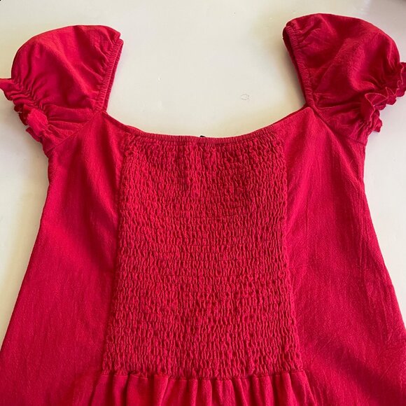SNDYS Women's Kenny Button Up Blouse Red Puff Sleeve Off Shoulder Smocked Size M - Picture 4 of 7
